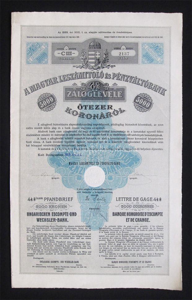 Magyar Leszmitol s Pnzvlt Bank 4,5% zloglevl 5000 korona 1918